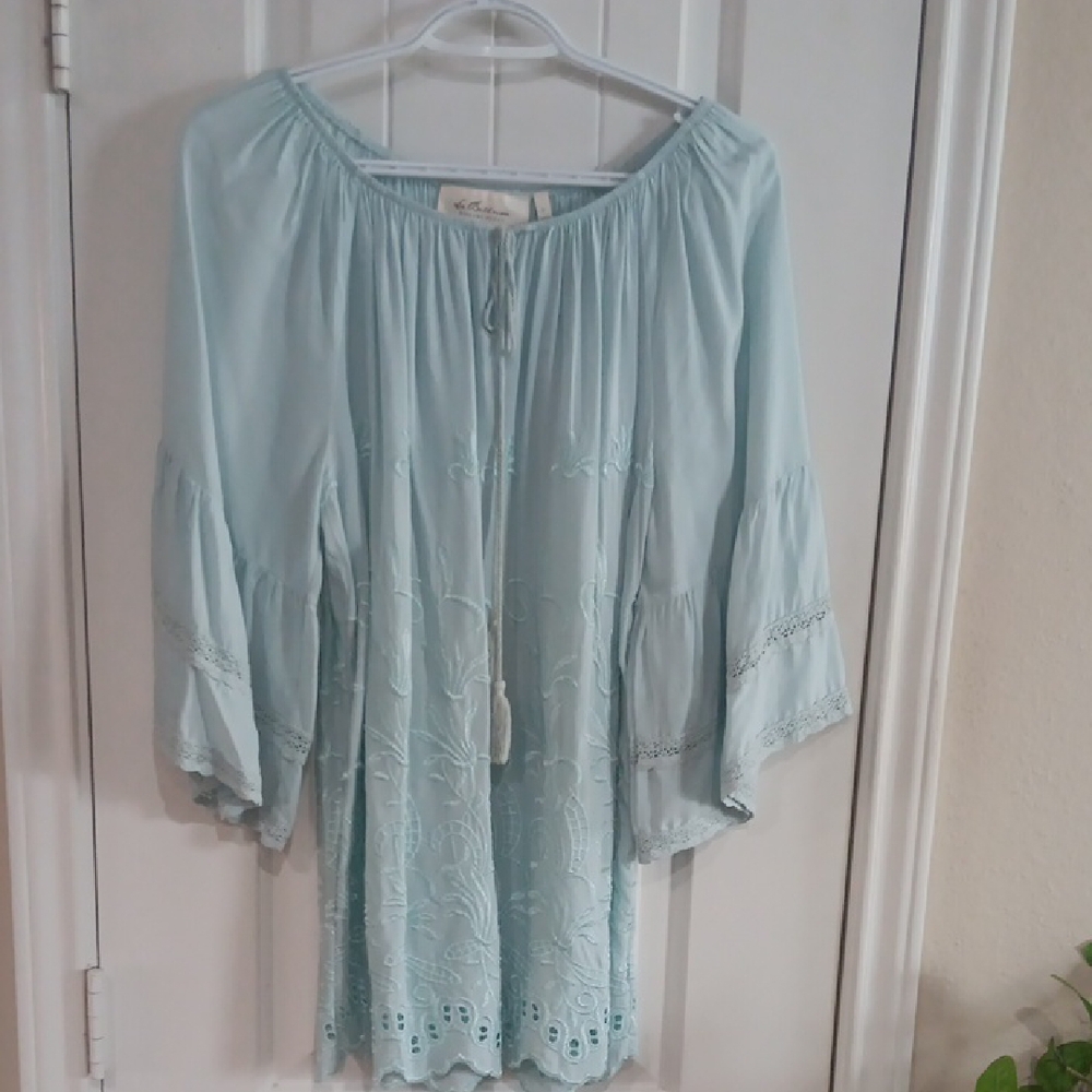 Blue Relaxed Tie Front Blouse with Billowy Sleeves